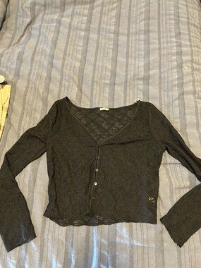 Ardene Black Lace Button-Front Crop Top